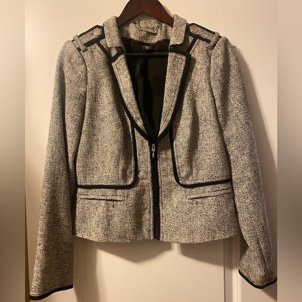 White House Black Market Gray Tweed Jacket with Black Trim